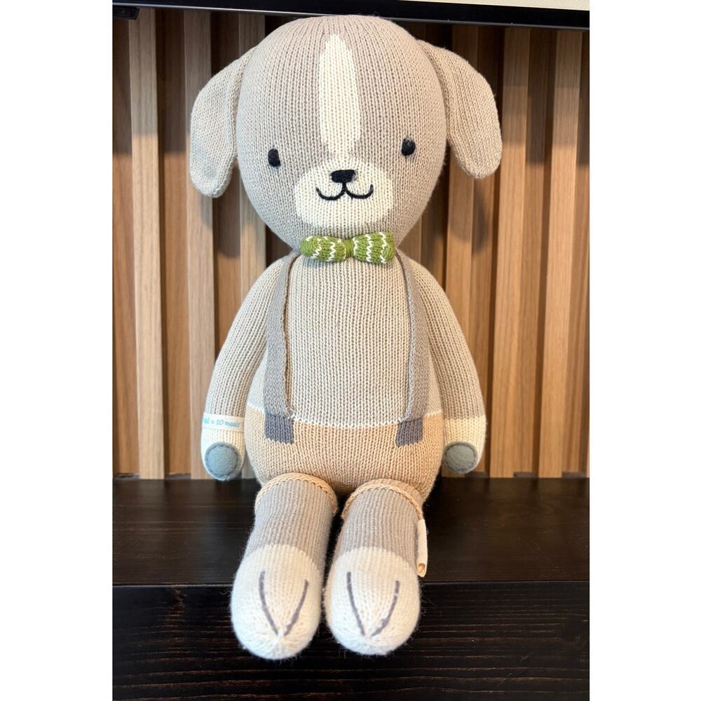 Cuddle + Kind Noah the Dog Hand Knit Plush Doll Peru Gray Green Bow Tie 20"